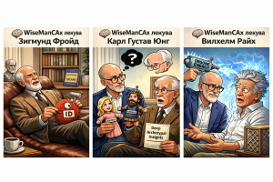 Меме: WiseManCAx лекува (Фройд, Юнг и Вилхелм Райх) - (ChatGPT Image)